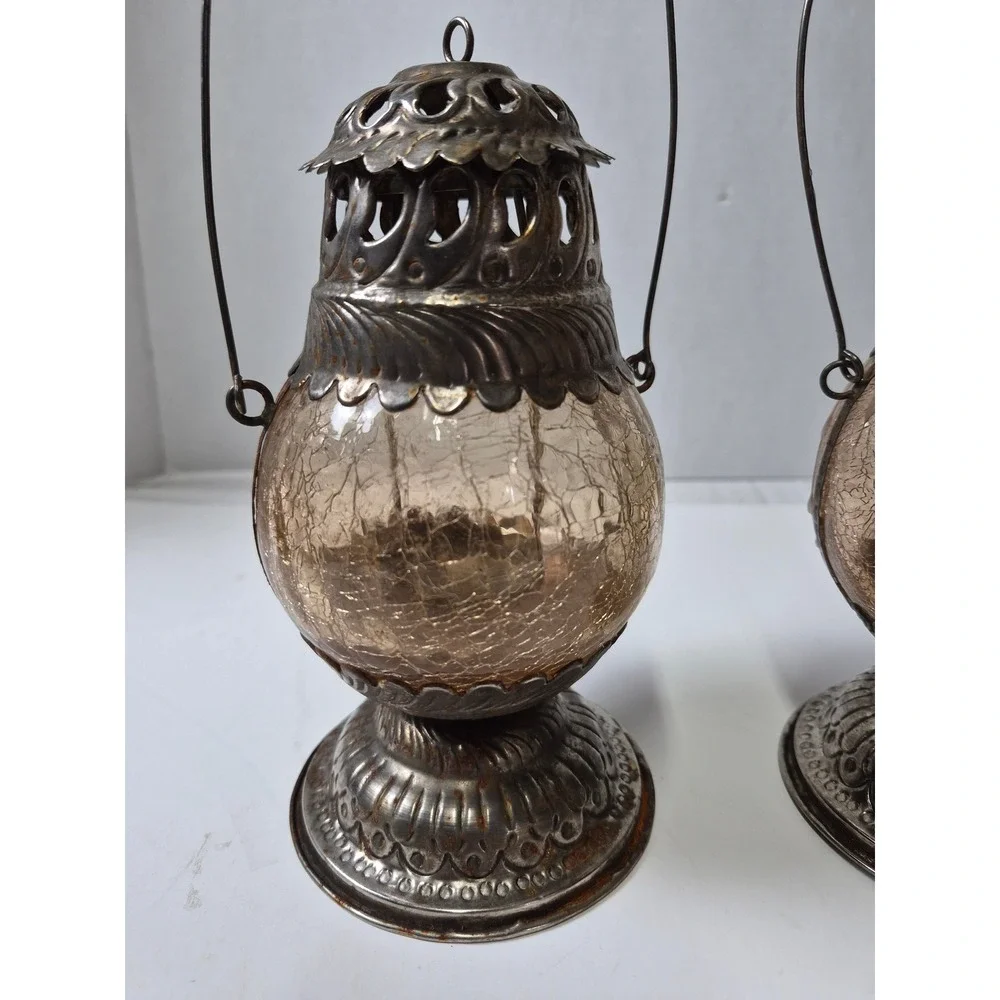 Vintage Silver Tone Crackle Glass Tea Light Lanterns Set of 2 Amber Boho Decor